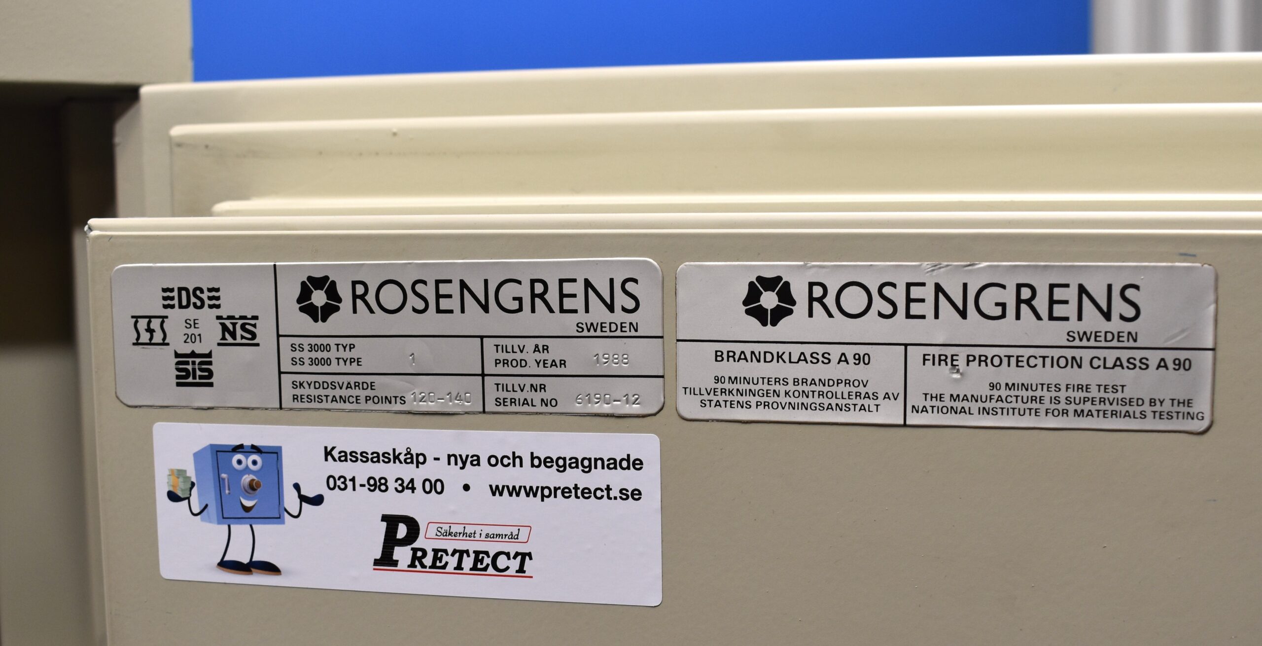 Begagnat Värdeskåp Rosengren BR 120-140 Klassningsskylt