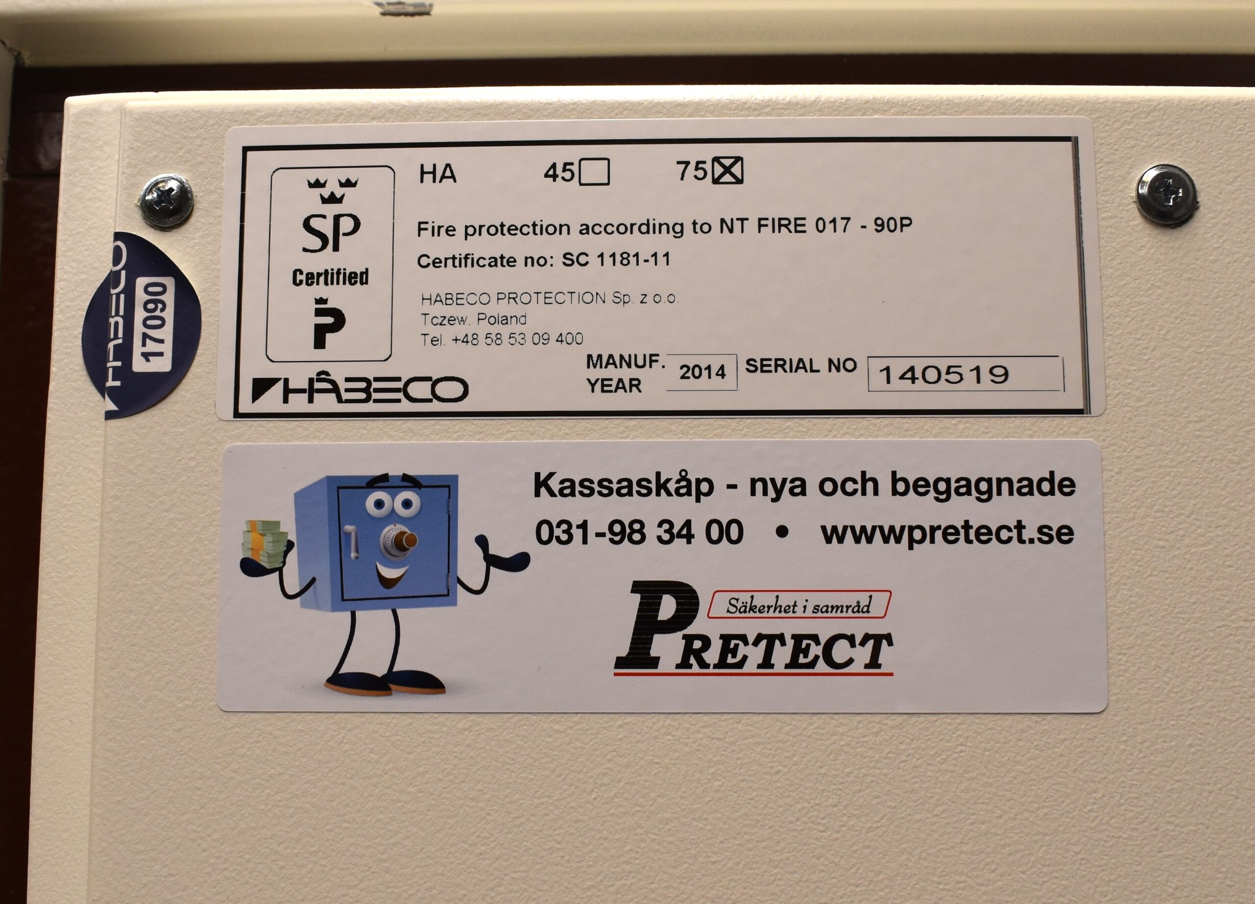 Begagnat Dokumetskåp Håbeco HA75 Klassningsskylt